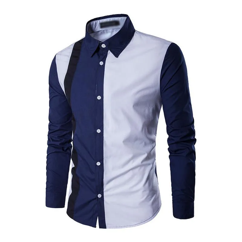 Men's Fashionable Contrast Color Splicing Lapel Slim Fit Long Sleeve Shirt 09785765M sold by Manly product image thumbnail 3