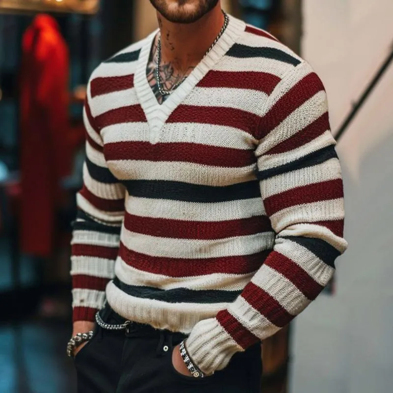 Men's Retro Casual Striped Colorblock V-Neck Sweater 26259443TO sold by Manly product image thumbnail 2