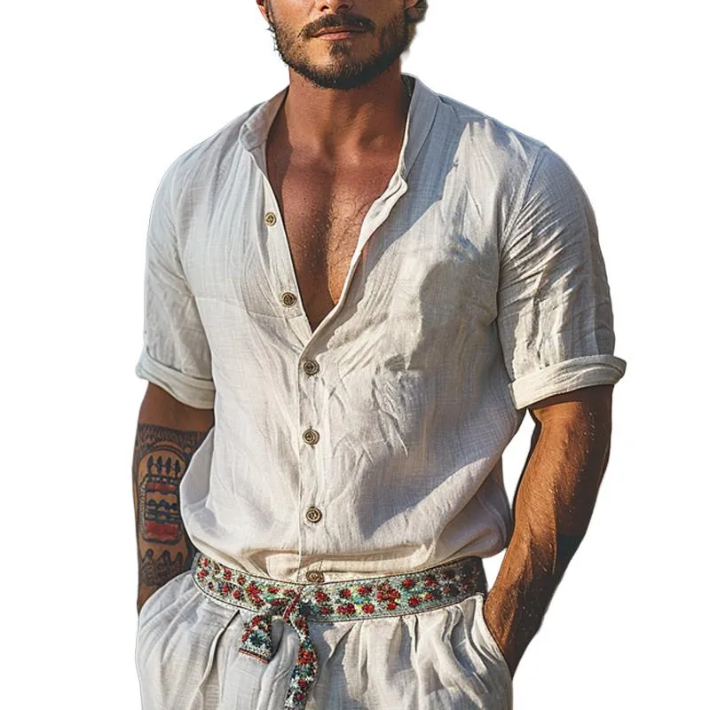 Men's Cotton And Linen Solid Color Stand Collar Short-Sleeved Shirt 46316728Y sold by Manly