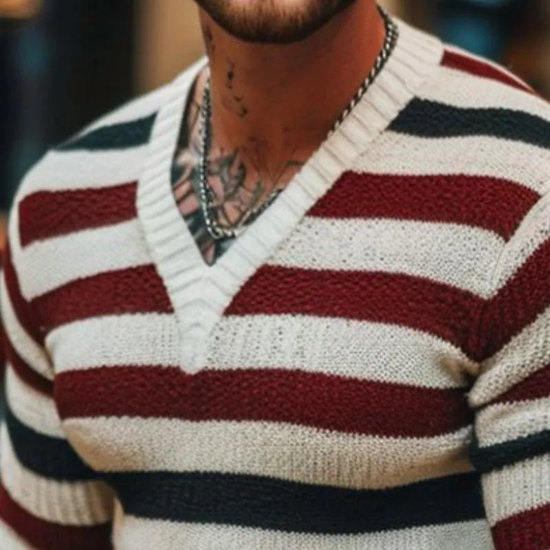 Men's Retro Casual Striped Colorblock V-Neck Sweater 26259443TO sold by Manly product image thumbnail 3