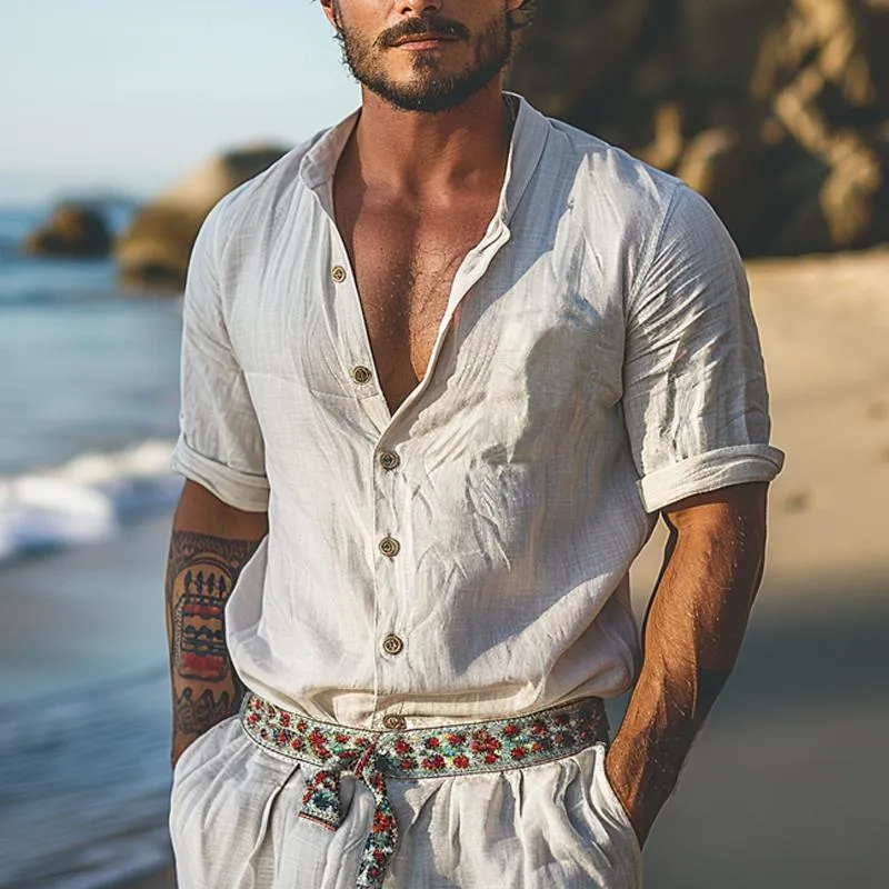 Men's Cotton And Linen Solid Color Stand Collar Short-Sleeved Shirt 46316728Y sold by Manly product image thumbnail 3