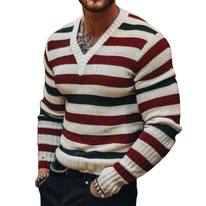 Men's Retro Casual Striped Colorblock V-Neck Sweater 26259443TO sold by Manly