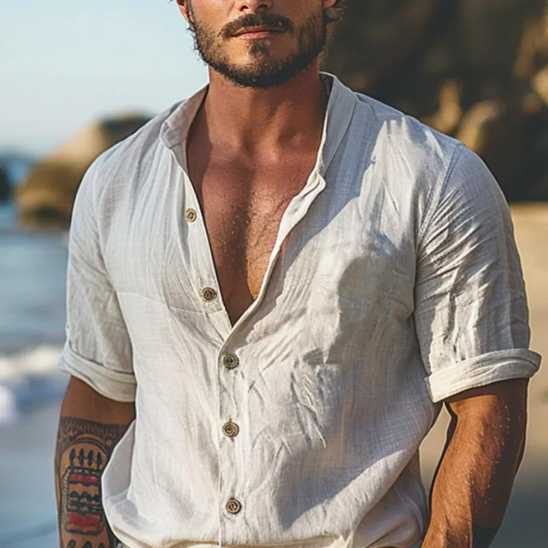 Men's Cotton And Linen Solid Color Stand Collar Short-Sleeved Shirt 46316728Y sold by Manly product image thumbnail 2