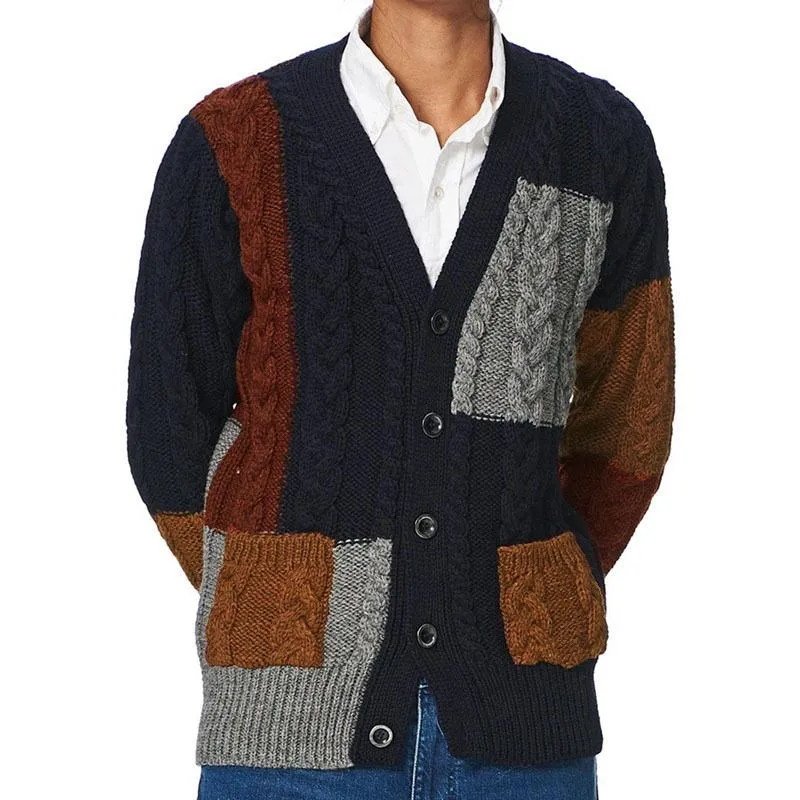 Men's Retro Color Contrast Knitted Cardigan V-neck Long-sleeved Sweater Jacket 74769346X sold by Manly