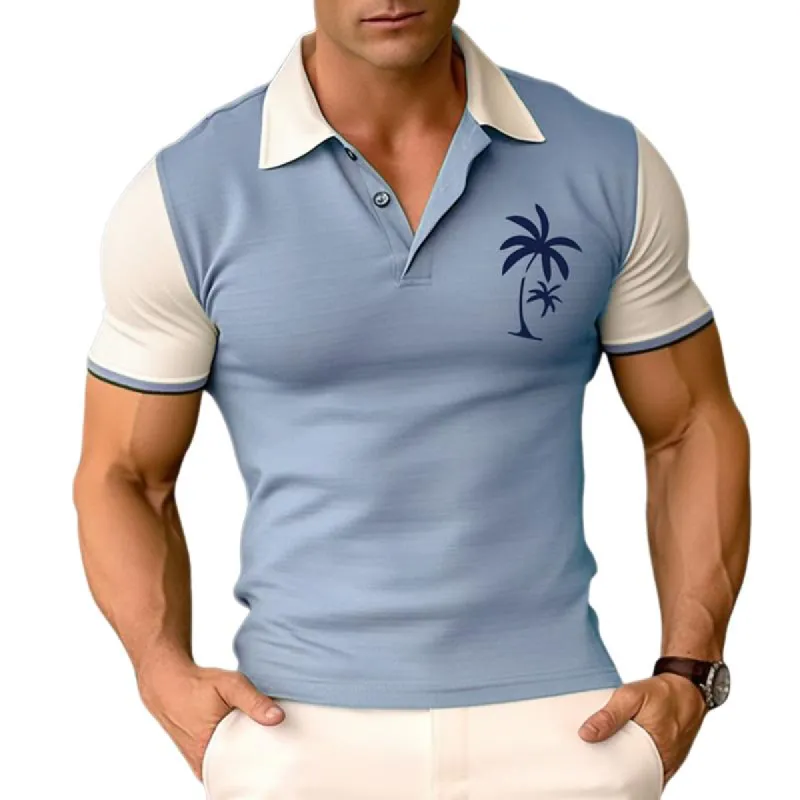 Men's Coconut Tree Print Lapel Short Sleeve Polo Shirt 98584241Z sold by Manly