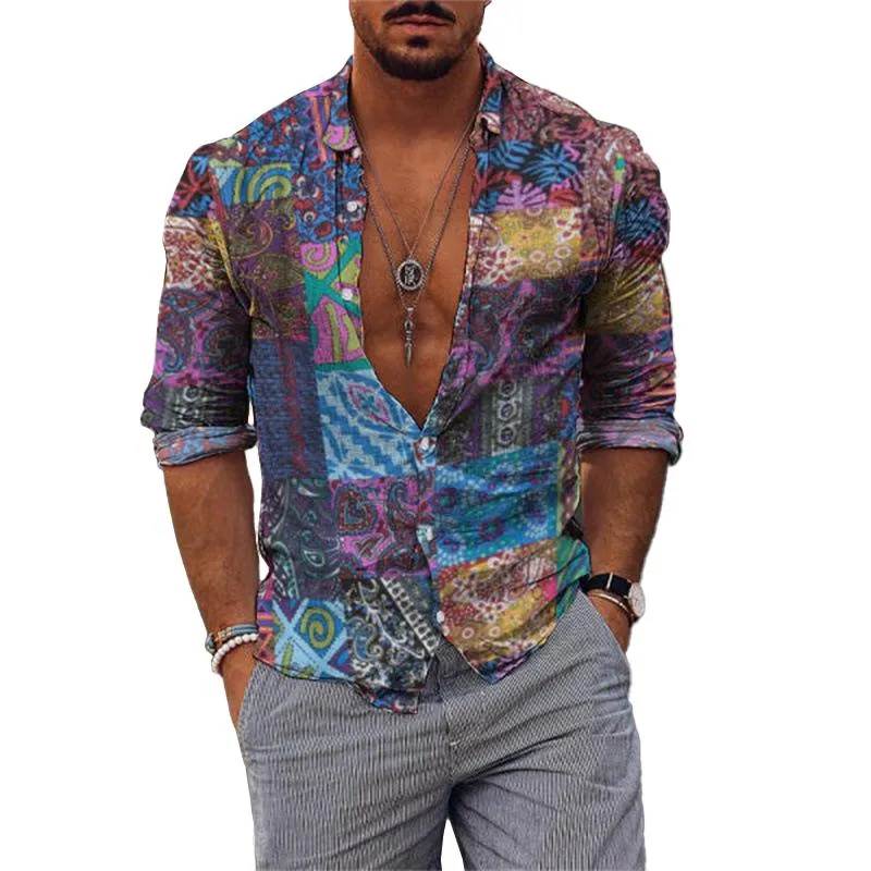 Men's Printed Lapel Long Sleeve Casual Shirt 40442844Z sold by Manly