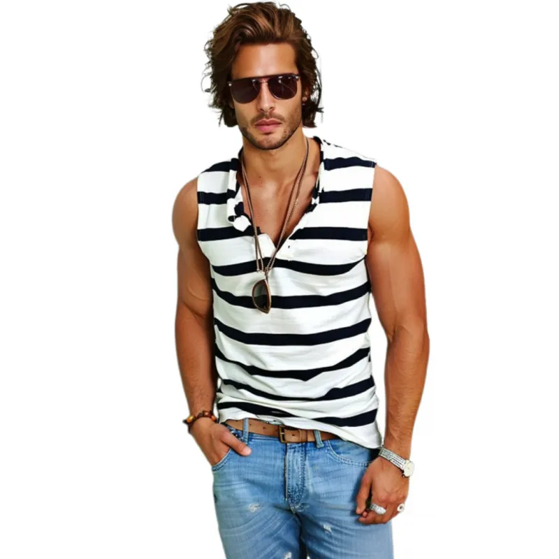 Men's Casual Striped Henley Collar Sleeveless Tank Top 86121388Y sold by Manly