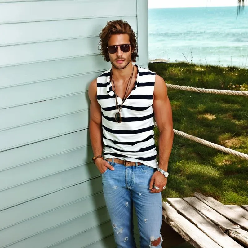 Men's Casual Striped Henley Collar Sleeveless Tank Top 86121388Y sold by Manly product image thumbnail 4