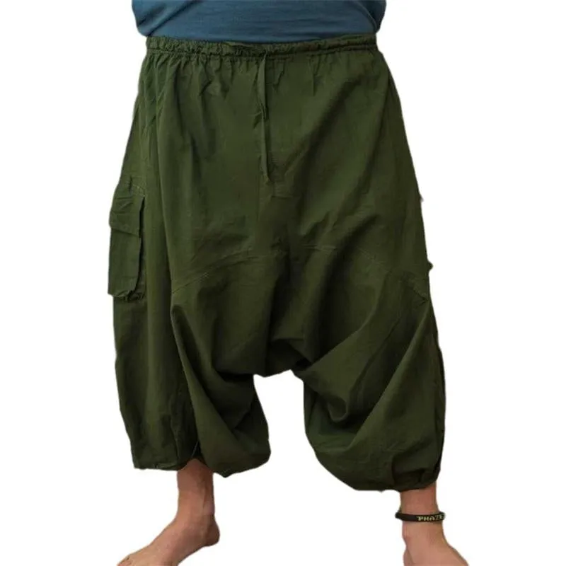 Men's Cotton and Linen Solid Color Breathable Multi-pocket Cropped Pants 51215911X sold by Manly