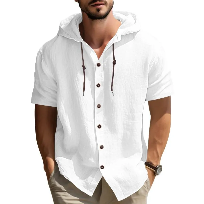 Men's Solid Loose Hooded Single Breasted Short Sleeve Shirt 61765539Z sold by Manly