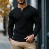 Men's Casual Rib Stripe Henley Collar Slim Fit Long Sleeve T-Shirt 68992413M sold by Manly