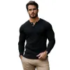 Men's Casual Rib Stripe Henley Collar Slim Fit Long Sleeve T-Shirt 68992413M sold by Manly