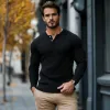 Men's Casual Rib Stripe Henley Collar Slim Fit Long Sleeve T-Shirt 68992413M sold by Manly