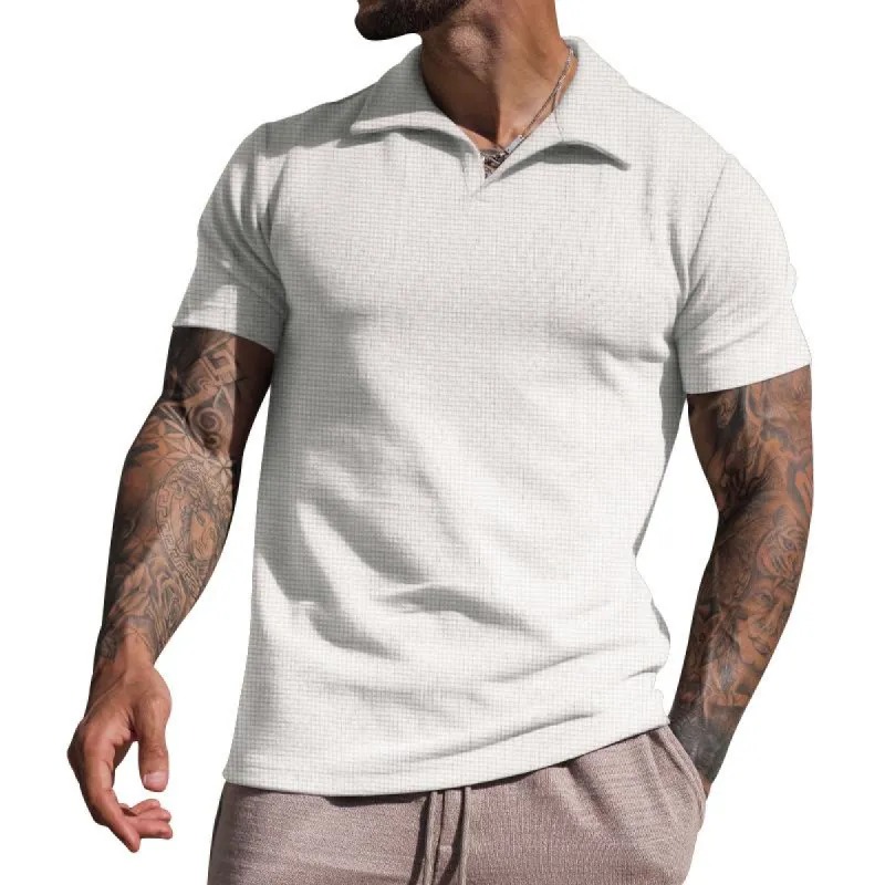 Men's Waffle Loose Short Sleeve Solid Color Casual Lapel Polo Shirt 49265793Z sold by Manly
