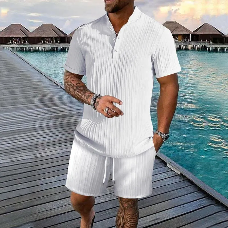 Men's Solid Color Pleated Stand Collar Short-Sleeved Shirt And Shorts Set 83841289Y sold by Manly product image thumbnail 2