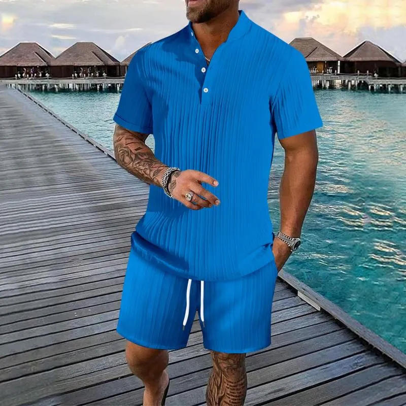 Men's Solid Color Pleated Stand Collar Short-Sleeved Shirt And Shorts Set 83841289Y sold by Manly product image thumbnail 4