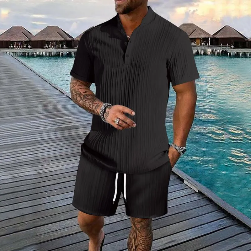 Men's Solid Color Pleated Stand Collar Short-Sleeved Shirt And Shorts Set 83841289Y sold by Manly product image thumbnail 3