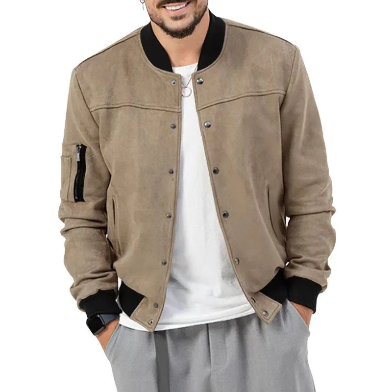 Men's Vintage Stand Collar Suede Snap Button Long Sleeve Jacket 76950100M sold by Manly