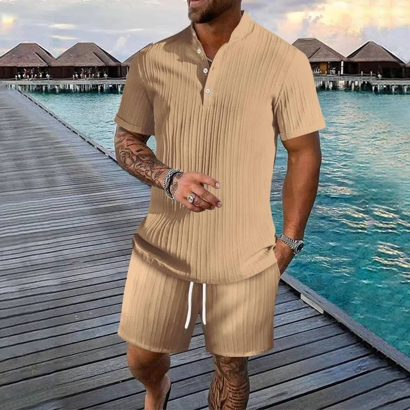 Men's Solid Color Pleated Stand Collar Short-Sleeved Shirt And Shorts Set 83841289Y sold by Manly product image thumbnail 5
