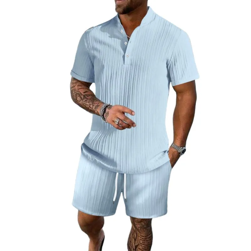 Men's Solid Color Pleated Stand Collar Short-Sleeved Shirt And Shorts Set 83841289Y sold by Manly