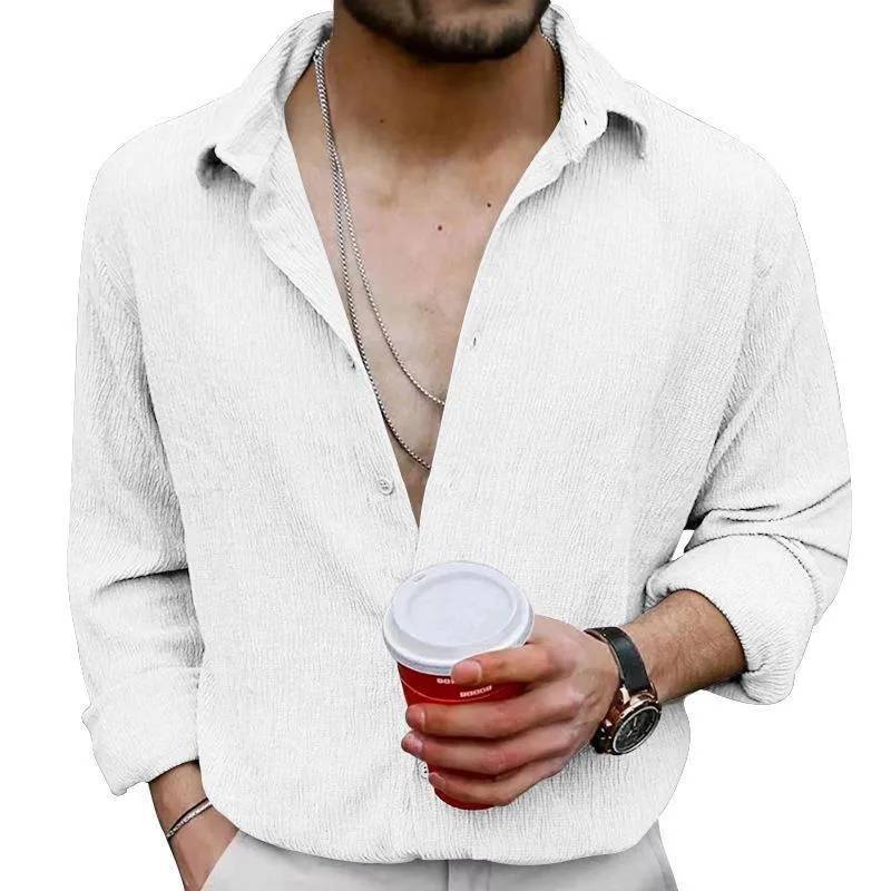 Men's Solid Loose Linen Lapel Long Sleeve Shirt 20359085Z sold by Manly