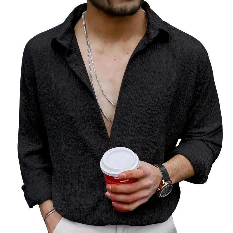 Men's Solid Loose Linen Lapel Long Sleeve Shirt 20359085Z sold by Manly product image thumbnail 3