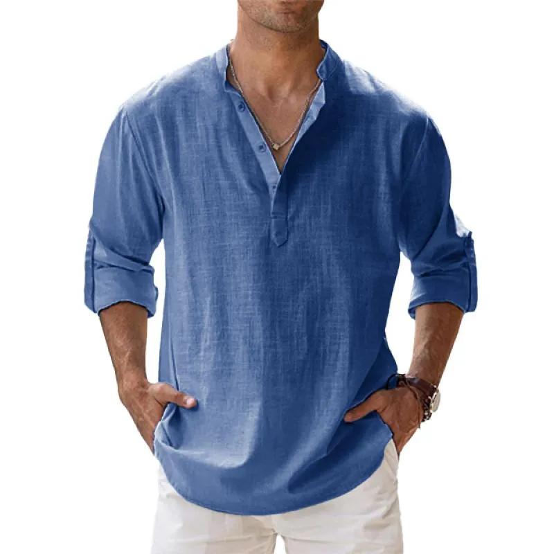 Men's Stand Collar Long Sleeve Loose Solid Color Cotton Linen Shirt 05416282X sold by Manly
