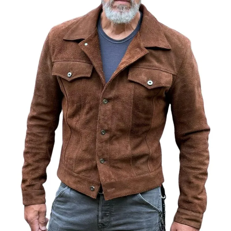 Men's Vintage Casual Suede Cropped Lapel Jacket 96695845TO sold by Manly