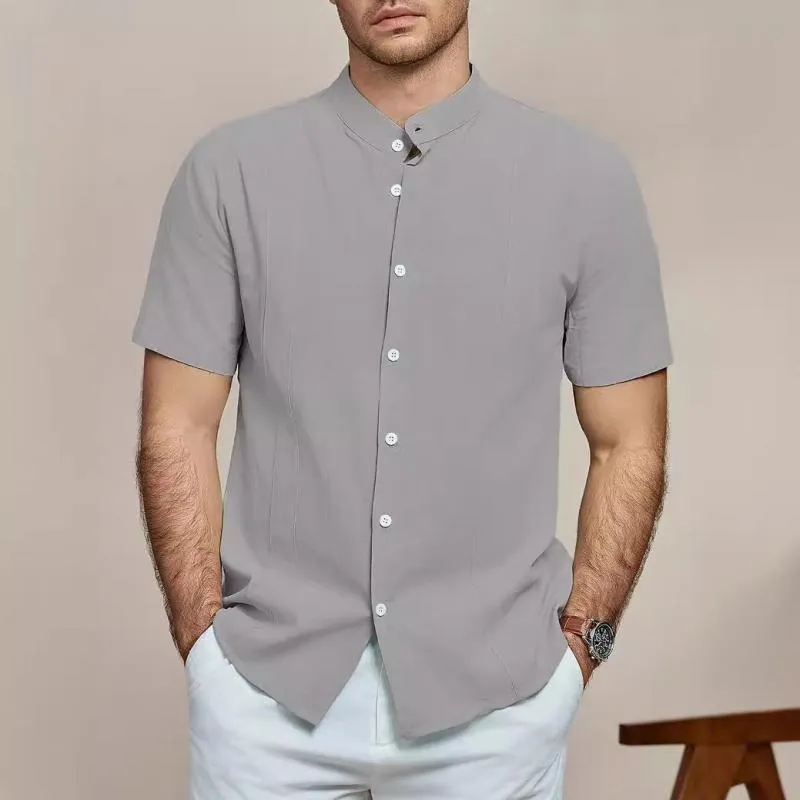 Men's Solid Color Linen Stand Collar Short Sleeve Casual Shirt 00832814Z sold by Manly product image thumbnail 4