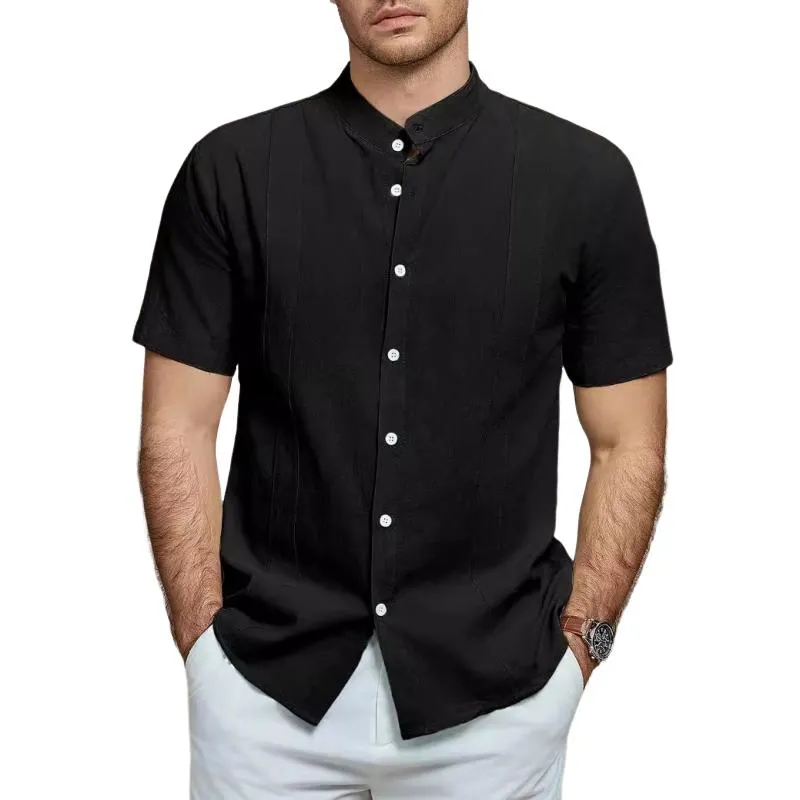 Men's Solid Color Linen Stand Collar Short Sleeve Casual Shirt 00832814Z sold by Manly