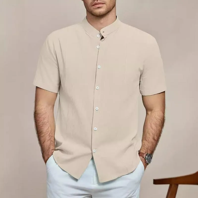 Men's Solid Color Linen Stand Collar Short Sleeve Casual Shirt 00832814Z sold by Manly product image thumbnail 5
