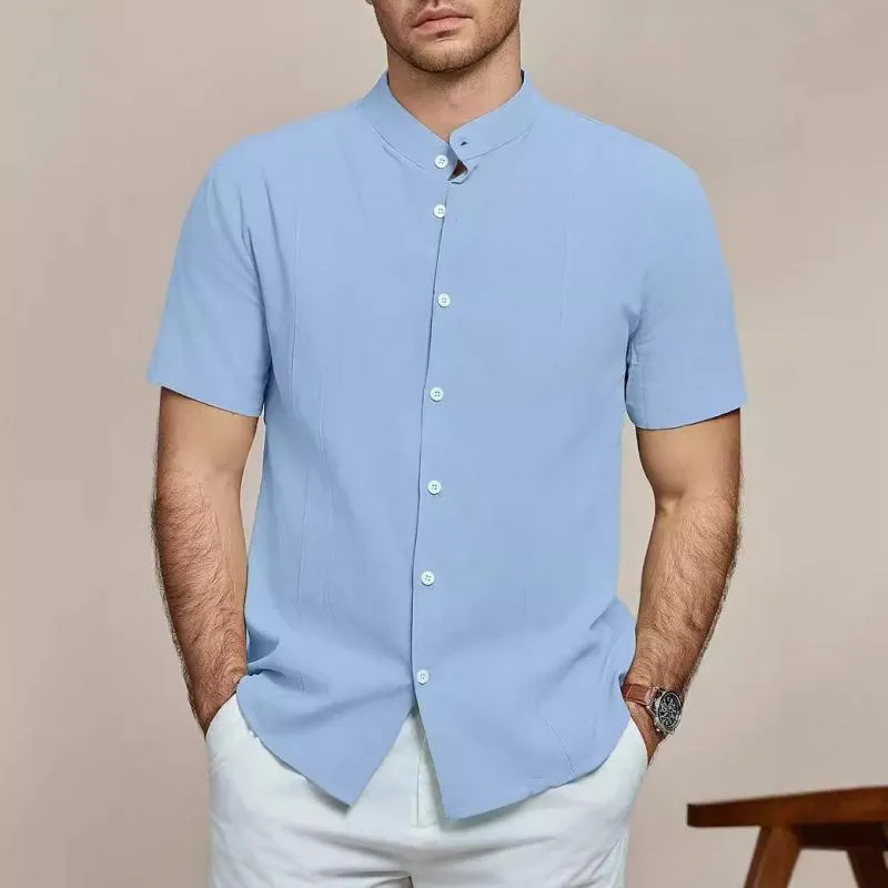Men's Solid Color Linen Stand Collar Short Sleeve Casual Shirt 00832814Z sold by Manly product image thumbnail 3