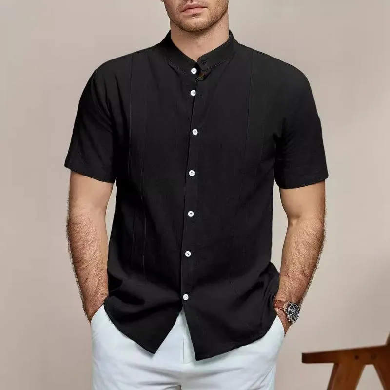 Men's Solid Color Linen Stand Collar Short Sleeve Casual Shirt 00832814Z sold by Manly product image thumbnail 2