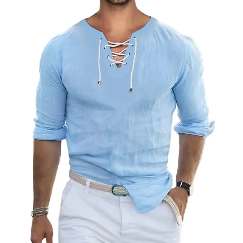 Men's Solid Lace-up V Neck Long Sleeve Shirt 45198707Z sold by Manly