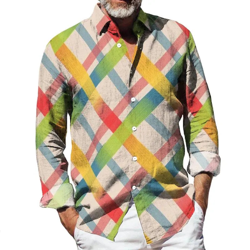 Men's Retro Colorful Plaid Lapel Long Sleeve Shirt 68522801TO sold by Manly