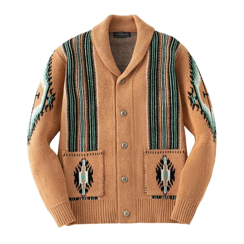 Men's Retro Jacquard Lapel Thick Single Breasted Knitted Cardigan 37070502M sold by Manly