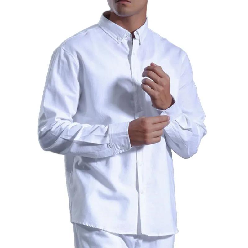 Men's Solid Loose Cotton And Linen Lapel Long Sleeve Shirt 68625339Z sold by Manly