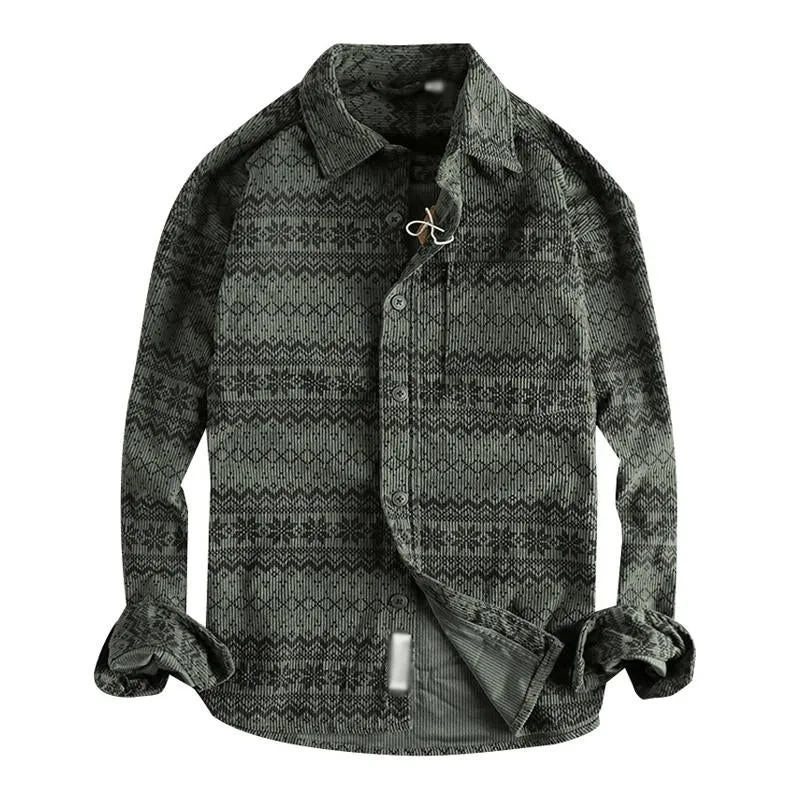 Men's Retro Totem Print Washed Corduroy Patch Pocket Long Sleeve Shirt 45596327M sold by Manly