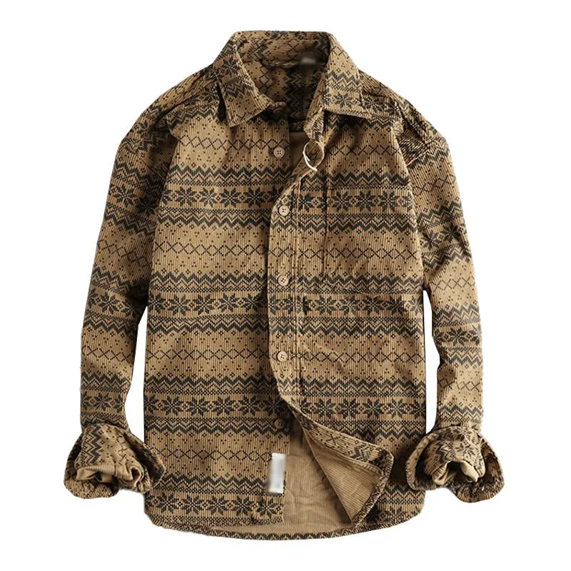 Men's Retro Totem Print Washed Corduroy Patch Pocket Long Sleeve Shirt 45596327M sold by Manly product image thumbnail 4