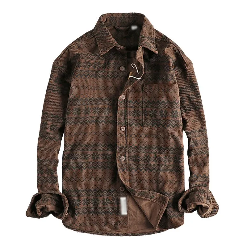 Men's Retro Totem Print Washed Corduroy Patch Pocket Long Sleeve Shirt 45596327M sold by Manly product image thumbnail 2