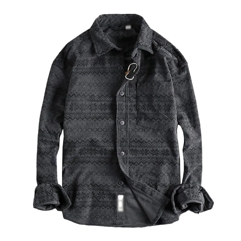 Men's Retro Totem Print Washed Corduroy Patch Pocket Long Sleeve Shirt 45596327M sold by Manly product image thumbnail 3