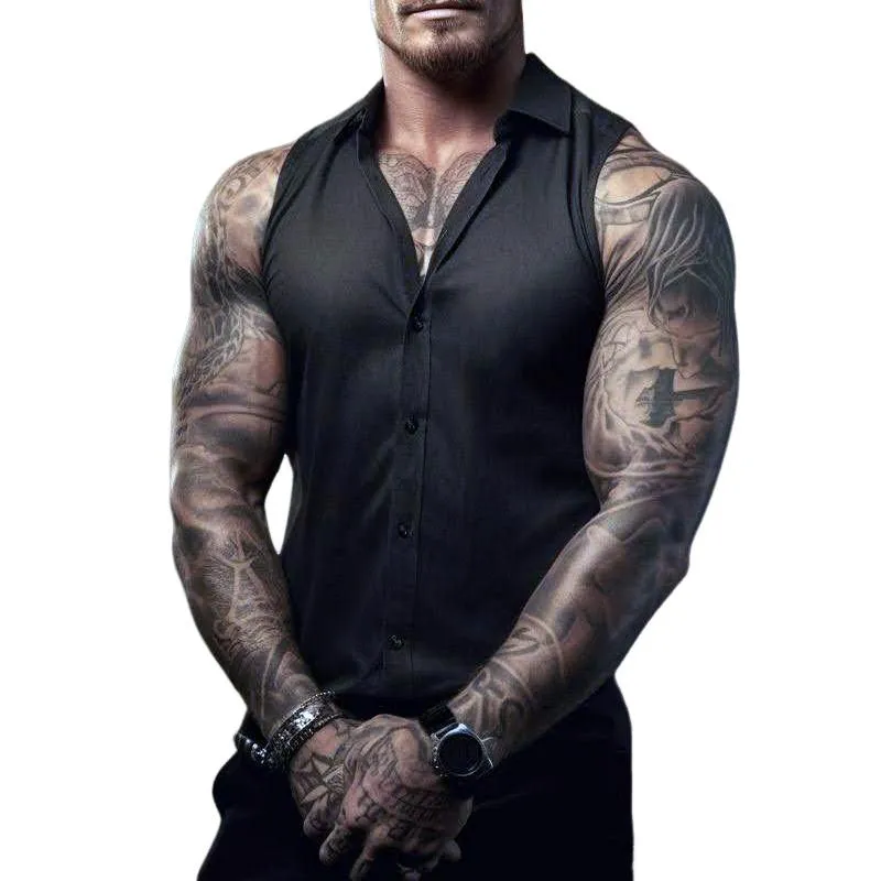 Men's Solid Lapel Sleeveless Single Breasted Tank Top 51716792Z sold by Manly