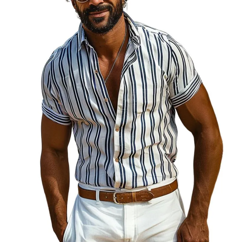 Men's Casual Striped Lapel Short Sleeve Shirt 25322043TO sold by Manly