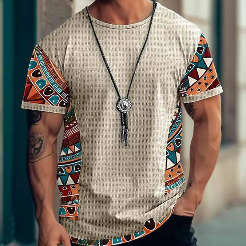Men's Retro Geometric Print Round Neck Short Sleeve T-Shirt 15635497X sold by Manly product image thumbnail 3