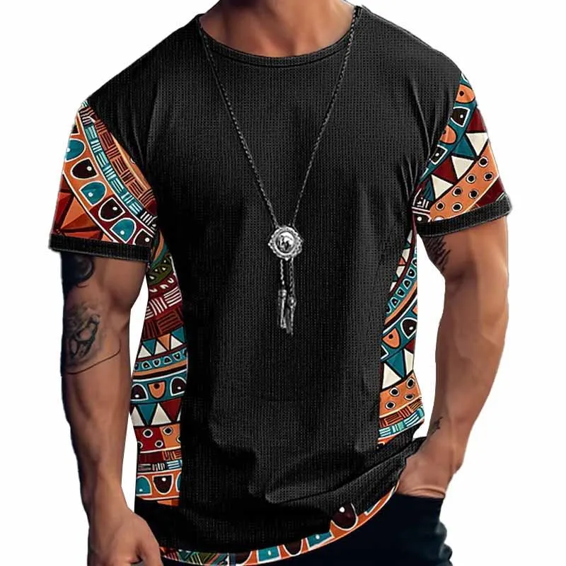 Men's Retro Geometric Print Round Neck Short Sleeve T-Shirt 15635497X sold by Manly