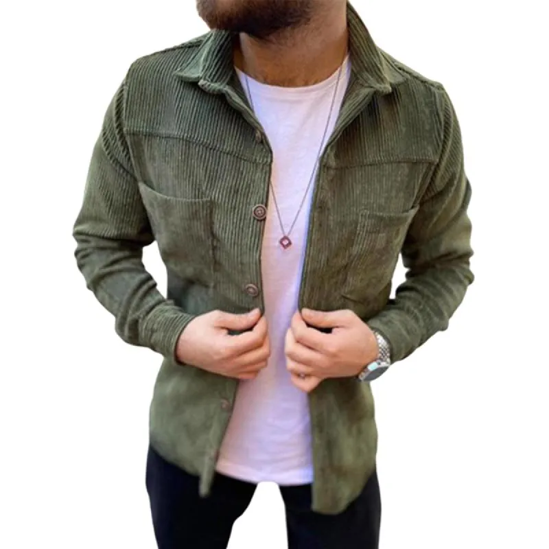 Men's Solid Corduroy Lapel Long Sleeve Shirt 35541594Z sold by Manly
