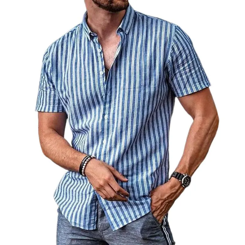 Men's Casual Street Stripe Print Short Sleeve Shirt 69404517TO sold by Manly