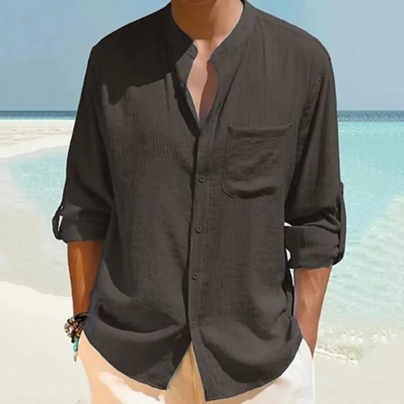 Men's Casual Cotton Linen Stand Collar Solid Color Long Sleeve Shirt 19976003M sold by Manly product image thumbnail 3