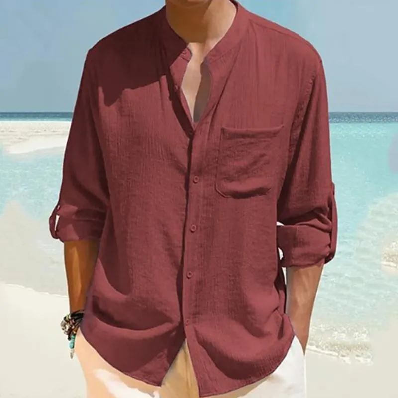 Men's Casual Cotton Linen Stand Collar Solid Color Long Sleeve Shirt 19976003M sold by Manly product image thumbnail 4