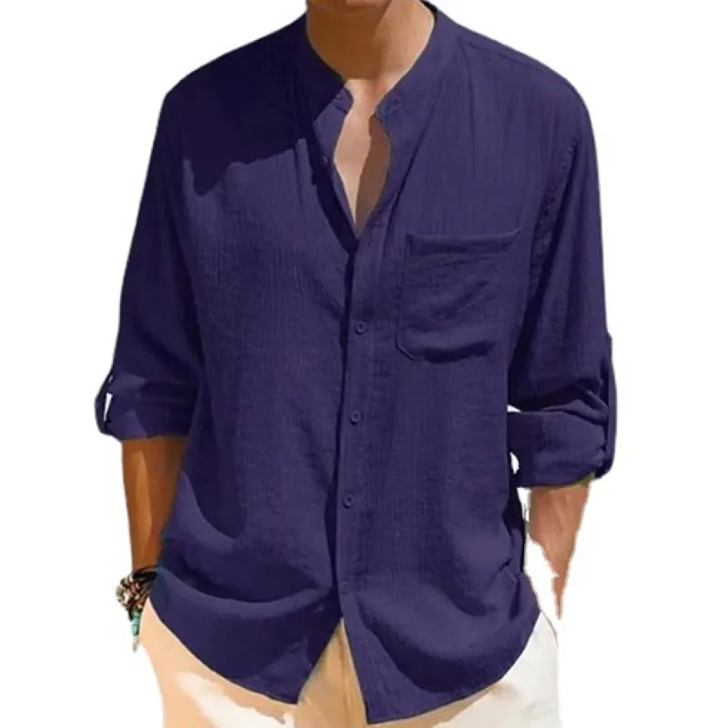 Men's Casual Cotton Linen Stand Collar Solid Color Long Sleeve Shirt 19976003M sold by Manly